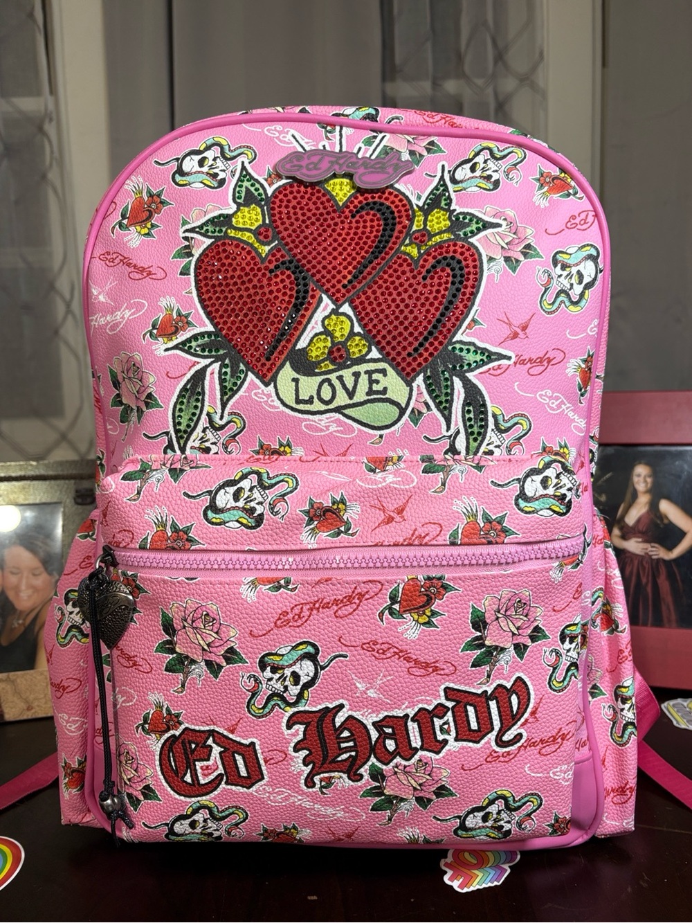 Ed Hardy Cleo Nova 'Love' Heart Tattoo Pink Backpack Large NEW